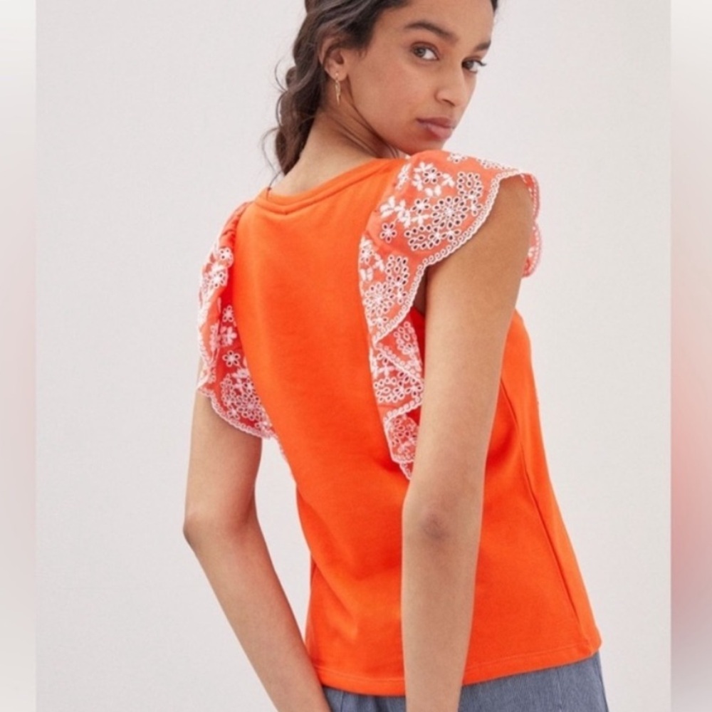 Maeve Orange Eyelet Ruffle Sleeve Shell - Picture 3 of 13